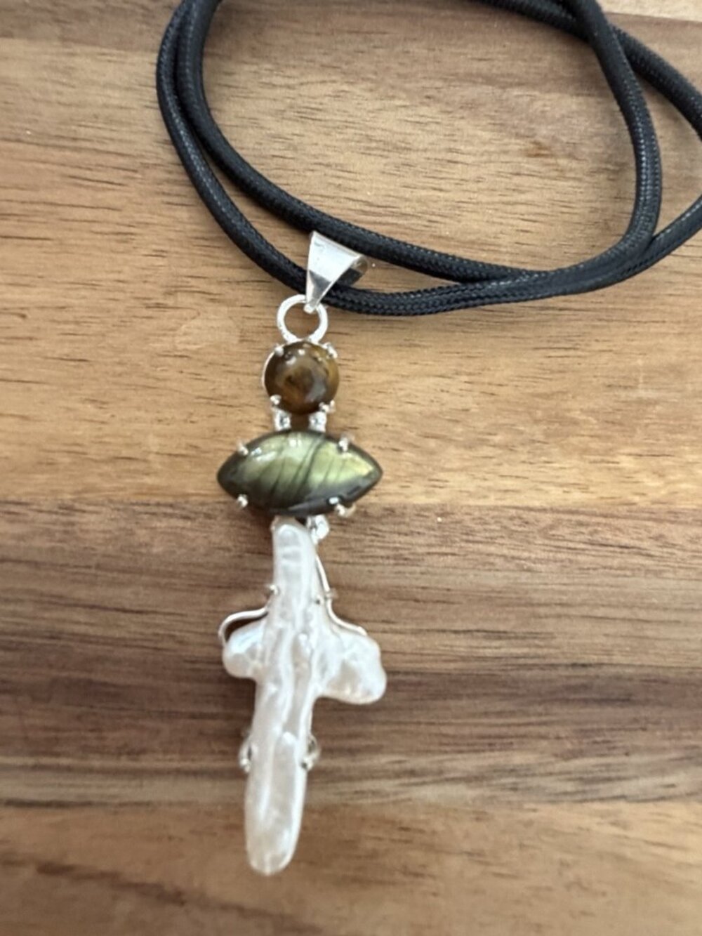 925 Sterling Silver Biwa Pearl Flash Labradorite Gemstone Cross Necklace Jewelry